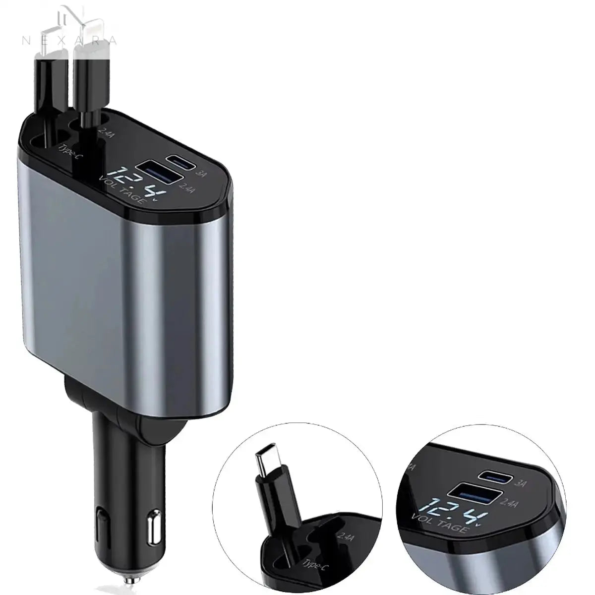 120W 4-in-1 Retractable Car Charger with Fast Charging USB Type C Nexara Living