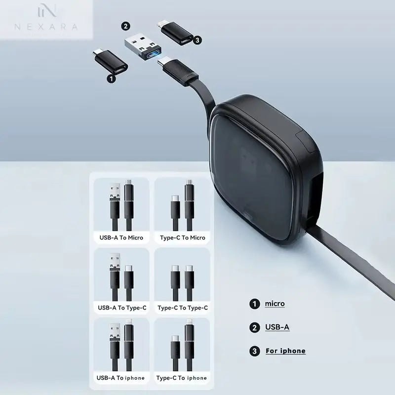 60W Retractable USB-C Data Cable with Multi-Device Compatibility - Fast Charging and Organized Storage Solution