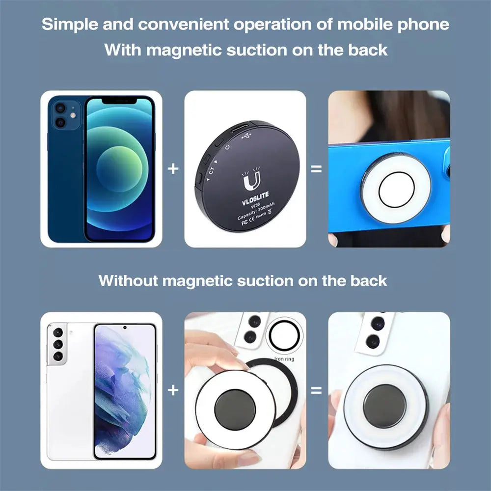 Magnetic Clip-On LED Ring Fill Light for MagSafe iPhone 12, 13, 14 and Android Phones - Rechargeable Selfie Light with Adjustable Brightness and Color Temperature
