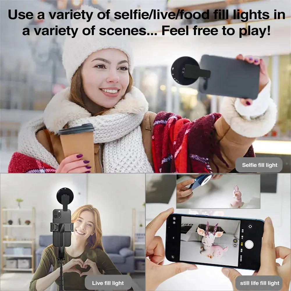 Magnetic Clip-On LED Ring Fill Light for MagSafe iPhone 12, 13, 14 and Android Phones - Rechargeable Selfie Light with Adjustable Brightness and Color Temperature