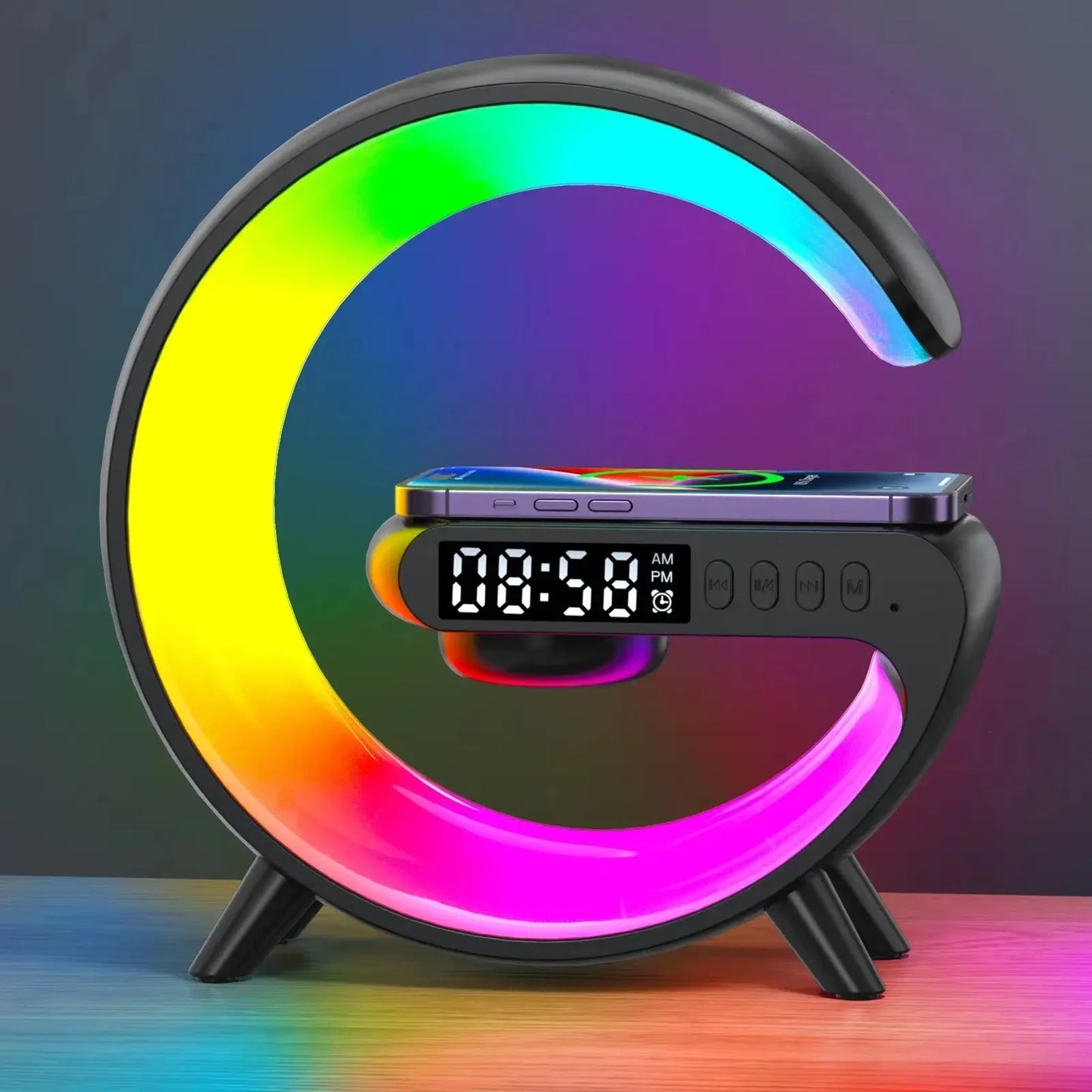 Multifunctional Bluetooth Speaker with RGB Night Light and 15W Fast Wireless Charging Station for iPhone, Samsung, and Xiaomi