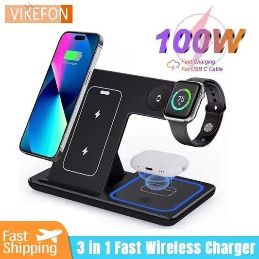 100W Foldable 3-in-1 Wireless Charging Station for iPhone 16/15/14/13/12, Apple Watch Series 10/9/8, and AirPods Pro/2 - Fast and Efficient Charging Solution
