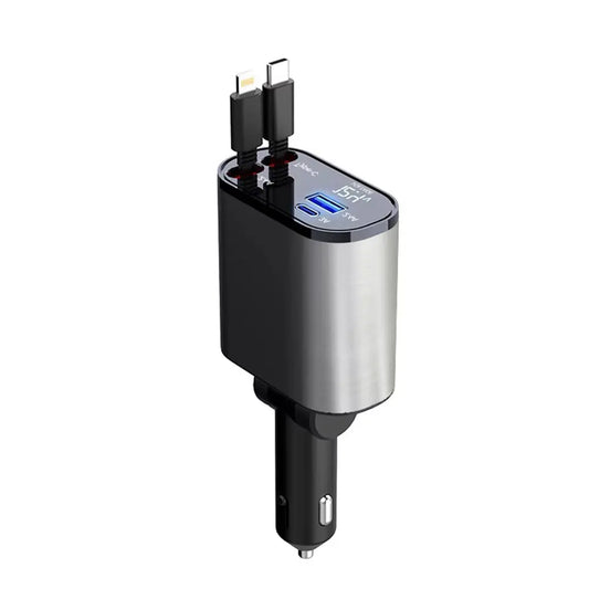 120W 4-in-1 Retractable Car Charger with Fast Charging USB Type C Cable for iPhone, Huawei, Samsung and More - Essential Cigarette Lighter Adapter for Your Vehicle