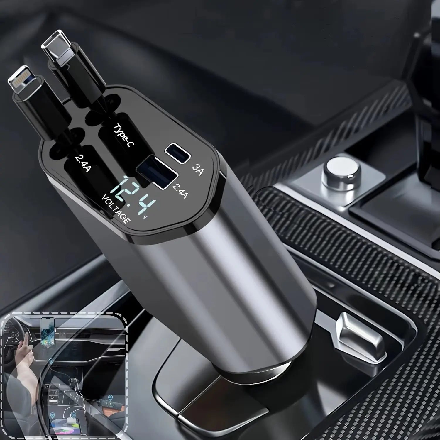 120W 4-in-1 Retractable Car Charger with Fast Charging USB Type C Cable for iPhone, Huawei, Samsung and More - Essential Cigarette Lighter Adapter for Your Vehicle