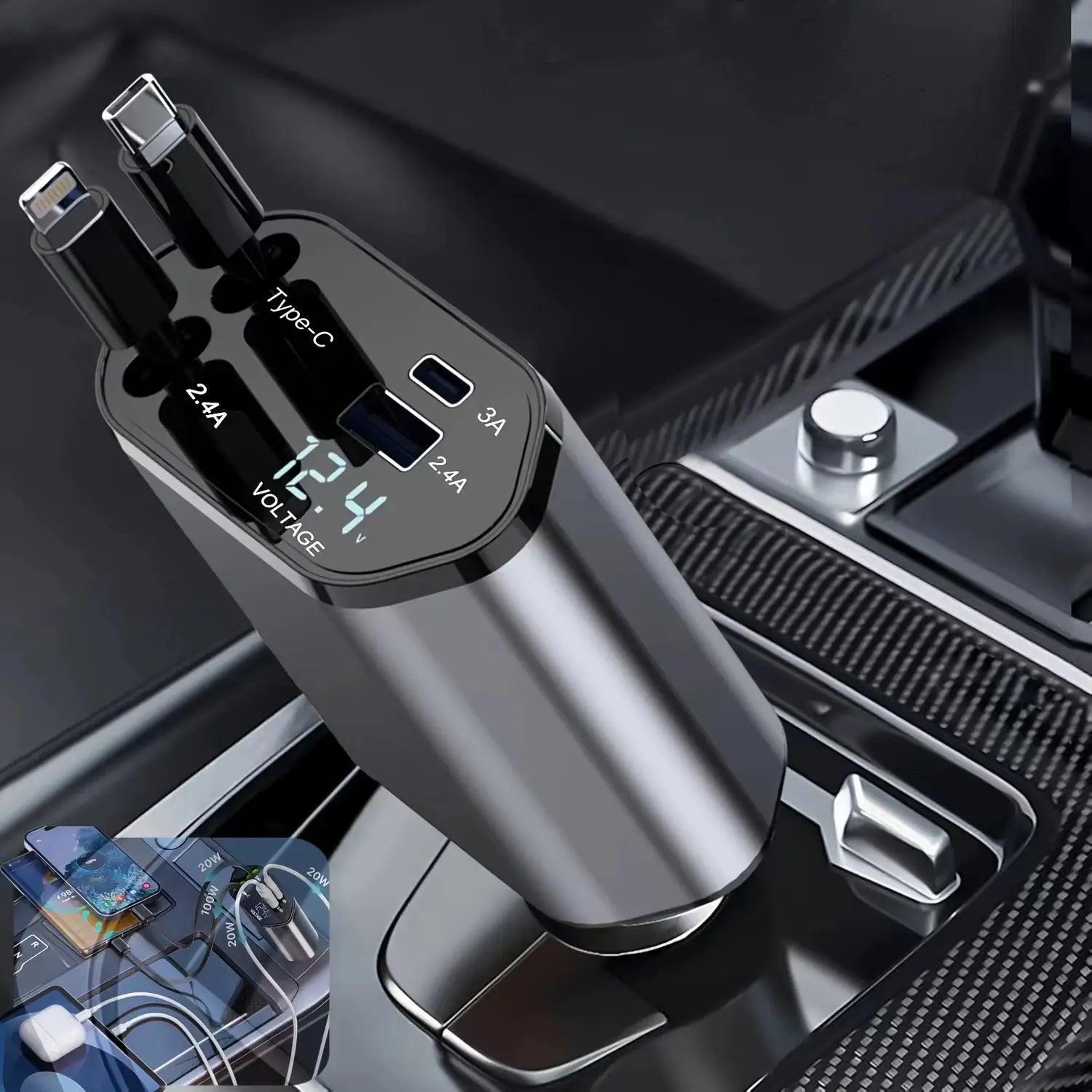 120W 4-in-1 Retractable Car Charger with Fast Charging USB Type C Cable for iPhone, Huawei, Samsung and More - Essential Cigarette Lighter Adapter for Your Vehicle