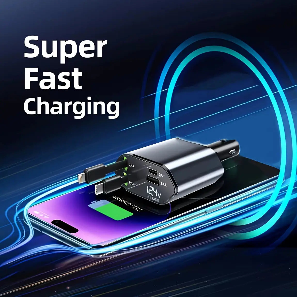 120W 4-in-1 Retractable Car Charger with Fast Charging USB Type C Cable for iPhone, Huawei, Samsung and More - Essential Cigarette Lighter Adapter for Your Vehicle