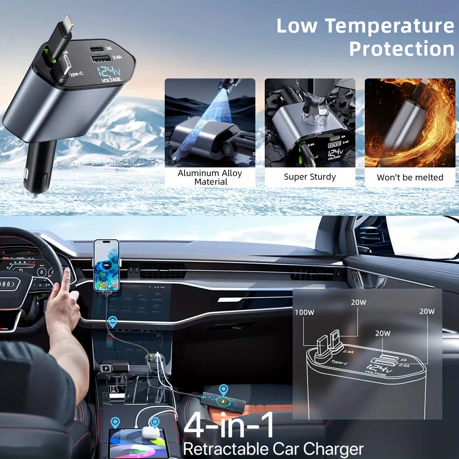 120W 4-in-1 Retractable Car Charger with Fast Charging USB Type C Cable for iPhone, Huawei, Samsung and More - Essential Cigarette Lighter Adapter for Your Vehicle