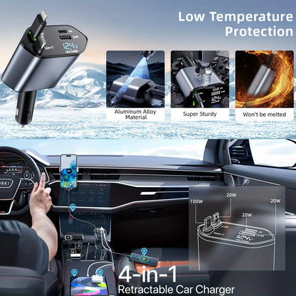 120W 4-in-1 Retractable Car Charger with Fast Charging USB Type C Cable for iPhone, Huawei, Samsung and More - Essential Cigarette Lighter Adapter for Your Vehicle