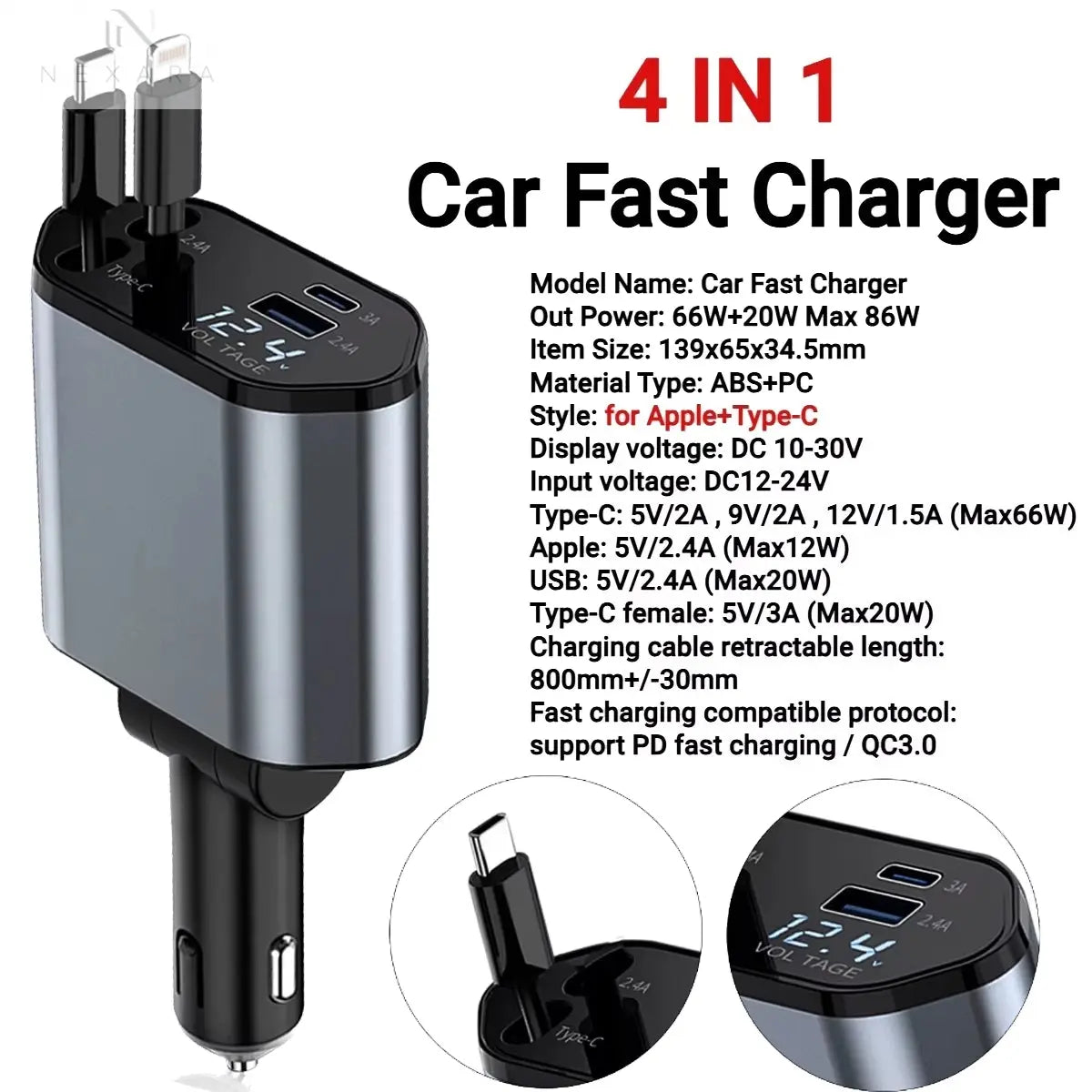 120W 4-in-1 Retractable Car Charger with Fast Charging USB Type C Cable for iPhone, Huawei, Samsung and More - Essential Cigarette Lighter Adapter for Your Vehicle