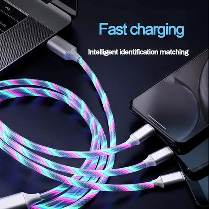 3-in-1 LED Illuminated Charging Cable with 3A Micro USB and Type-C Compatibility for iPhone, Xiaomi, and Huawei