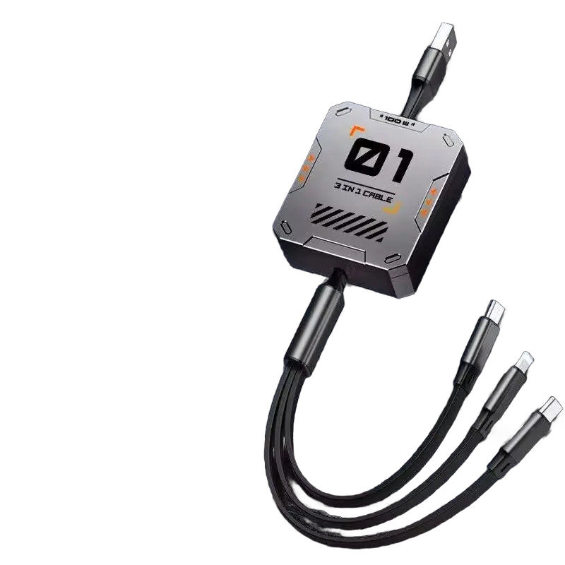 3-in-1 Retractable USB Cable with 60W Fast Charging for Type C, Lightning, and Micro USB Devices - Compatible with iPhone, Huawei, and Xiaomi