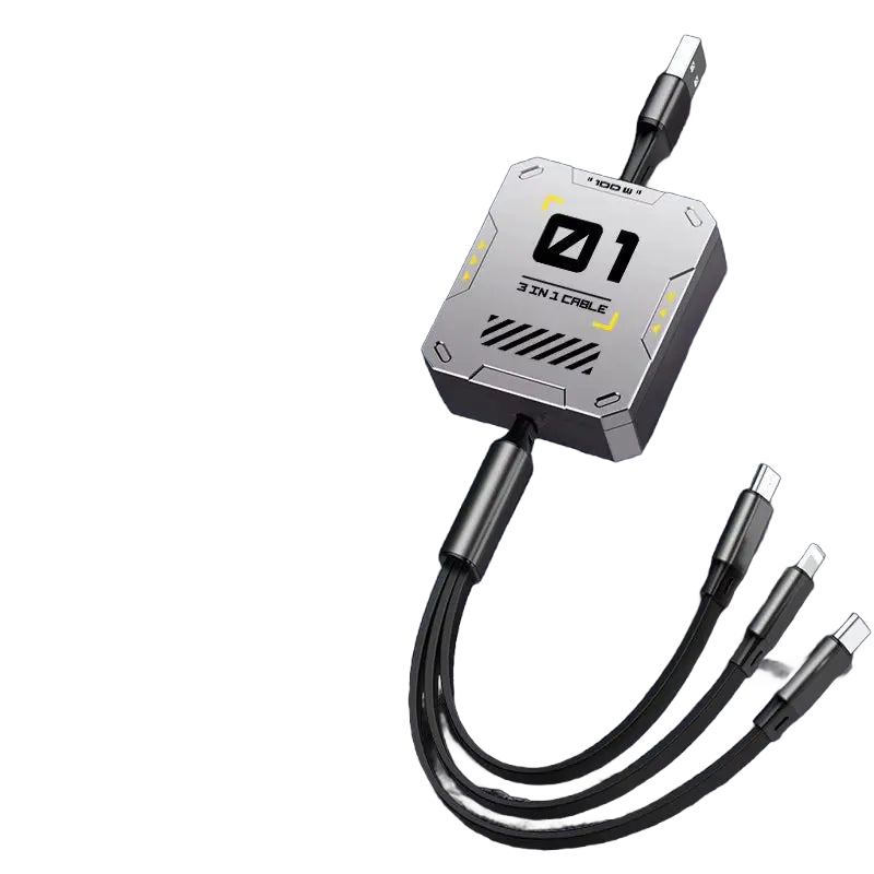 3-in-1 Retractable USB Cable with 60W Fast Charging for Type C, Lightning, and Micro USB Devices - Compatible with iPhone, Huawei, and Xiaomi