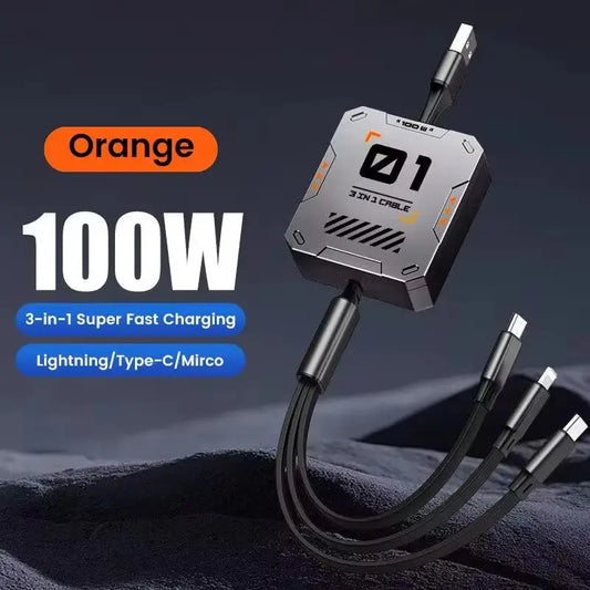 3-in-1 Retractable USB Cable with 60W Fast Charging for Type C, Lightning, and Micro USB Devices - Compatible with iPhone, Huawei, and Xiaomi