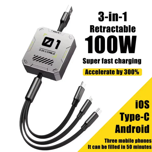 3-in-1 Retractable USB Cable with 60W Fast Charging for Type C, Lightning, and Micro USB Devices - Compatible with iPhone, Huawei, and Xiaomi