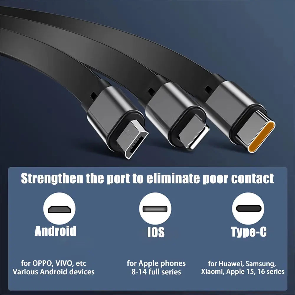 3-in-1 Retractable USB Cable with 60W Fast Charging for Type C, Lightning, and Micro USB Devices - Compatible with iPhone, Huawei, and Xiaomi