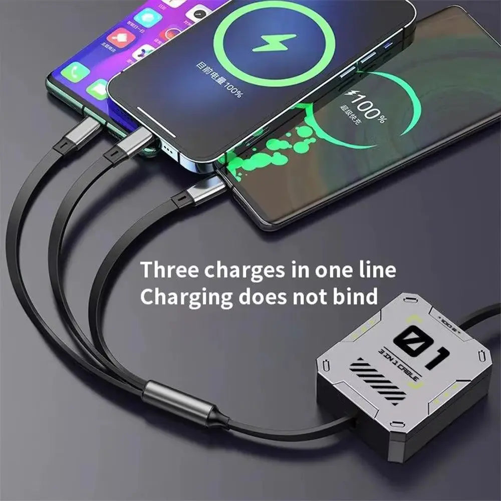 3-in-1 Retractable USB Cable with 60W Fast Charging for Type C, Lightning, and Micro USB Devices - Compatible with iPhone, Huawei, and Xiaomi