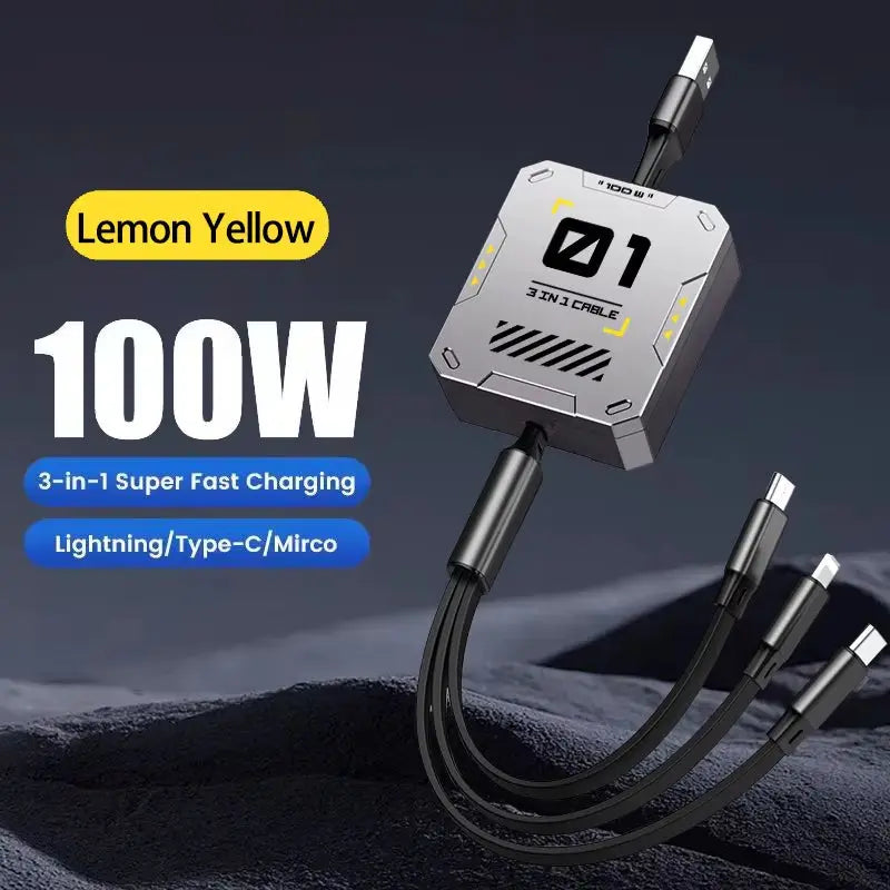 3-in-1 Retractable USB Cable with 60W Fast Charging for Type C, Lightning, and Micro USB Devices - Compatible with iPhone, Huawei, and Xiaomi