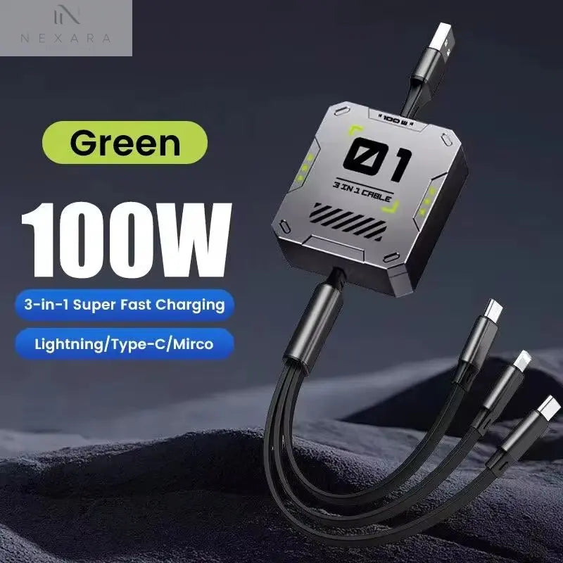 3-in-1 Retractable USB Cable with 60W Fast Charging for Type C, Lightning, and Micro USB Devices - Compatible with iPhone, Huawei, and Xiaomi