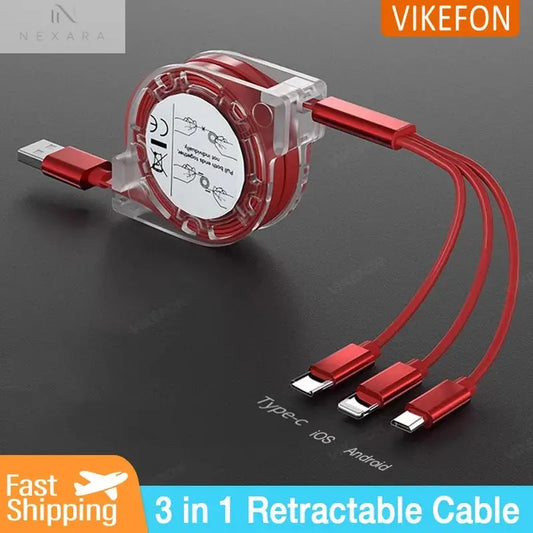 3-in-1 Telescopic Fast Charging USB Cable: Versatile Charging Solution for Apple, Type C, and Android Devices with 3A Compatibility