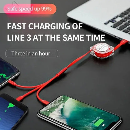 3-in-1 Telescopic USB Cable for Apple, Type-C, and Android Devices - 3A Fast Charging