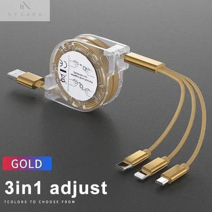 3-in-1 Telescopic USB Cable for Apple, Type-C, and Android Devices - 3A Fast Charging