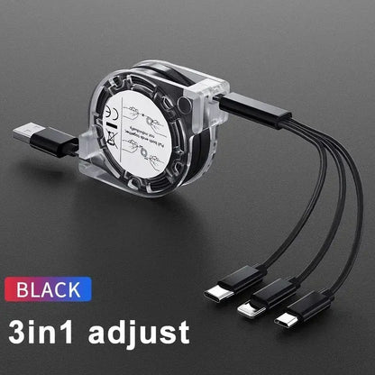 3-in-1 Telescopic USB Cable for Apple, Type-C, and Android Devices - 3A Fast Charging