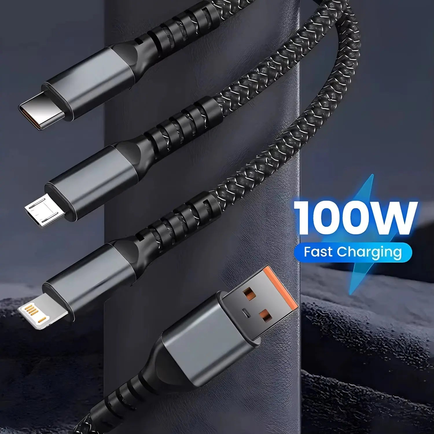 3-in-1 USB Fast Charging Cable - 100W 6A for iPhone, Samsung, Xiaomi, and Huawei - Versatile USB A, Type-C, and Micro Connectors for Efficient Charging on the Go