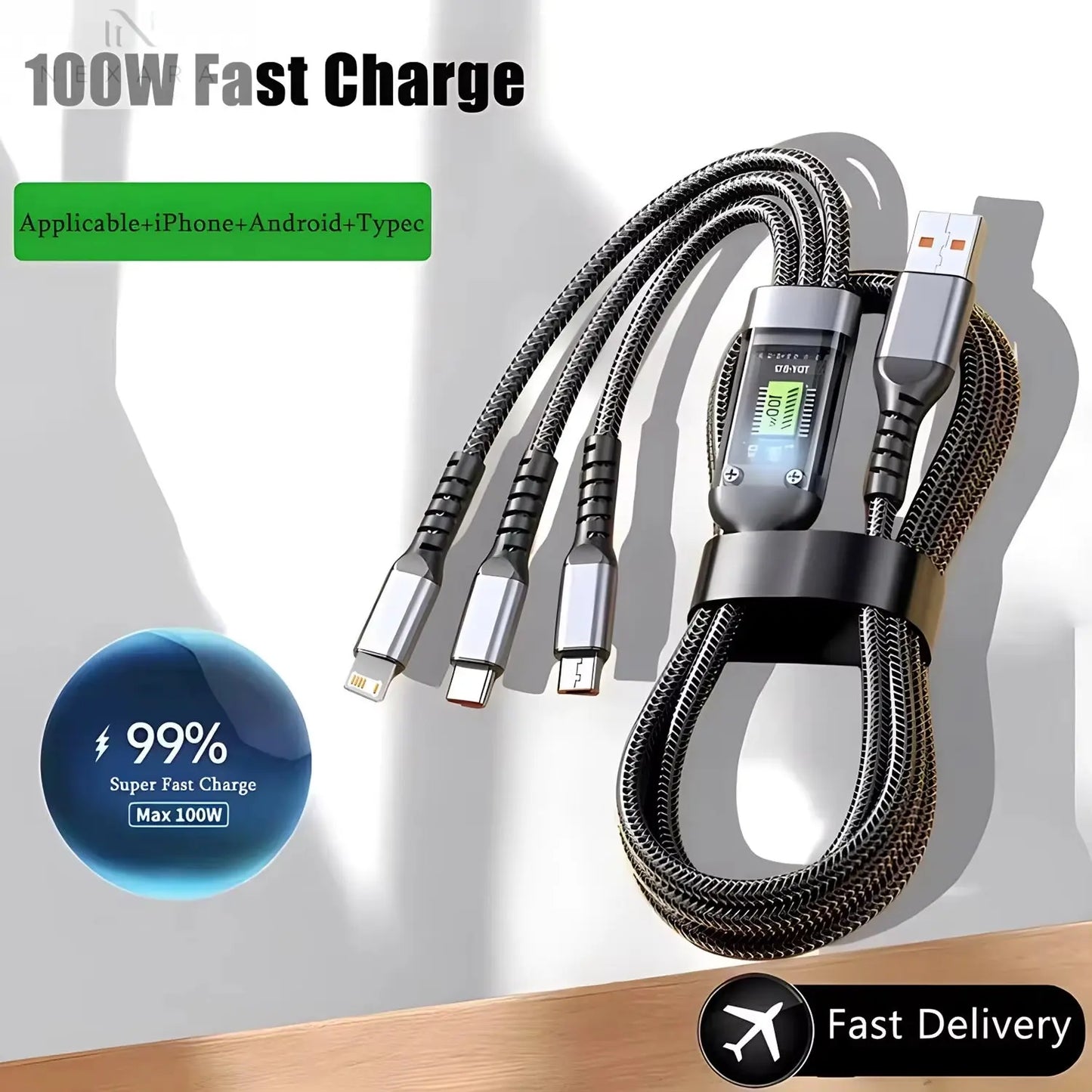 3-in-1 USB Fast Charging Cable - 100W 6A for iPhone, Samsung, Xiaomi, and Huawei - Versatile USB A, Type-C, and Micro Connectors for Efficient Charging on the Go