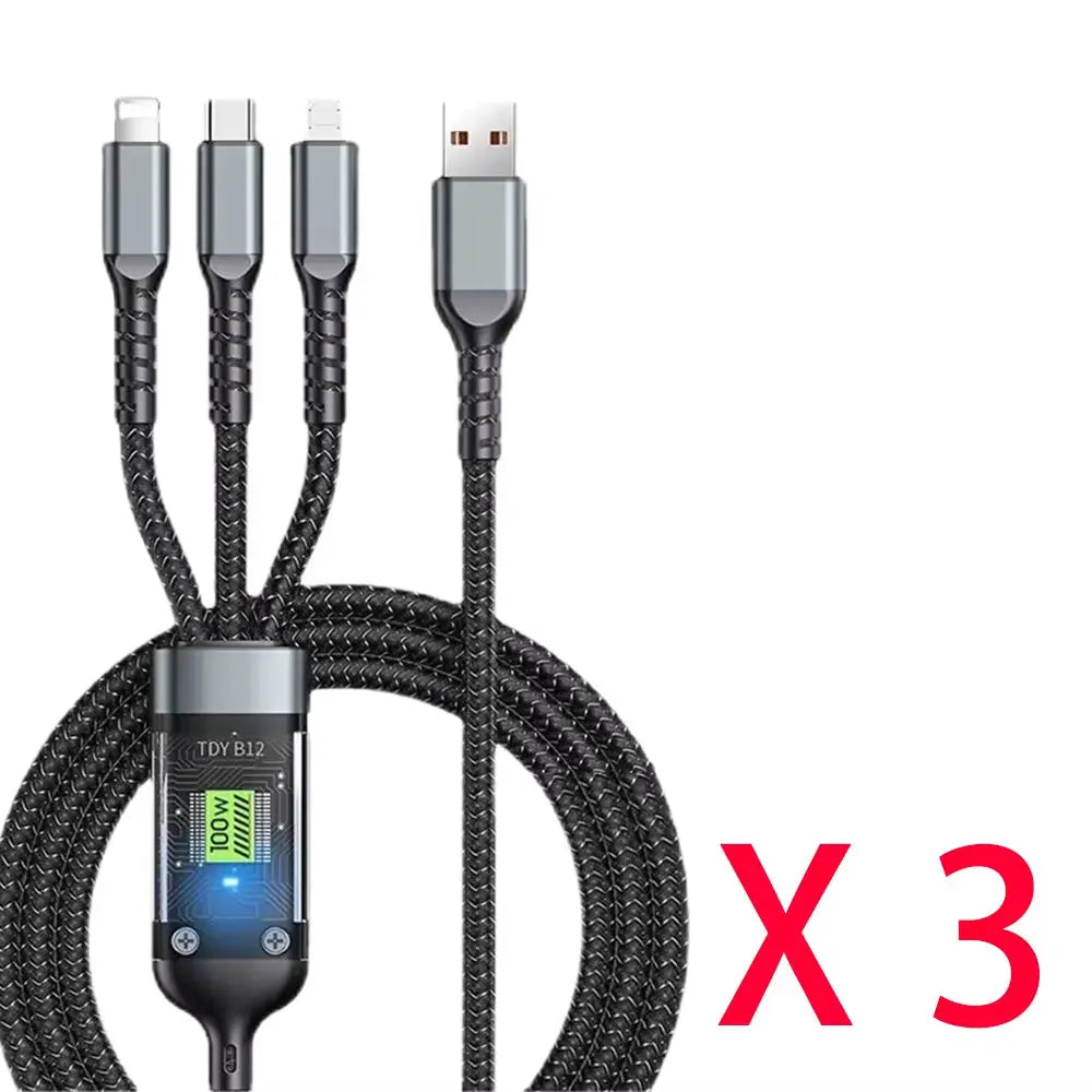 3-in-1 USB Fast Charging Cable - 100W 6A for iPhone, Samsung, Xiaomi, and Huawei - Versatile USB A, Type-C, and Micro Connectors for Efficient Charging on the Go