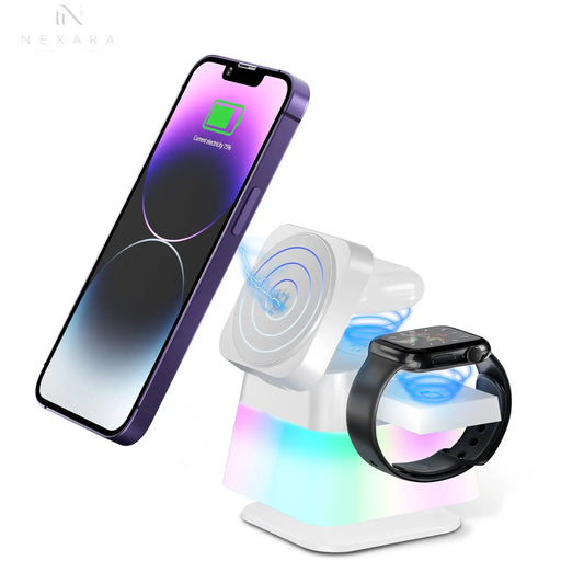 4-in-1 Rotatable Wireless Charger Stand with Colorful Lighting for iPhone 15/14/13/12 Pro Max, 8, 7 - Fast Charging Station for Phone, Apple Watch, and AirPods