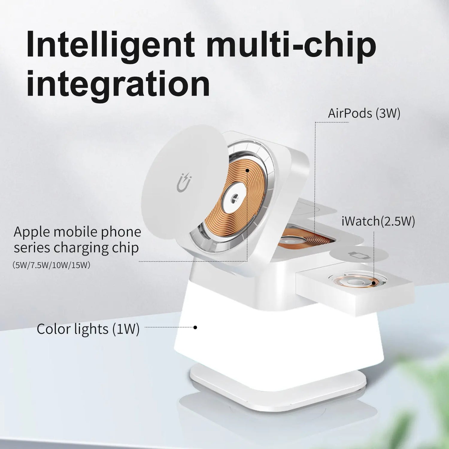 4-in-1 Rotatable Wireless Charger Stand with Colorful Lighting for iPhone 15/14/13/12 Pro Max, 8, 7 - Fast Charging Station for Phone, Apple Watch, and AirPods