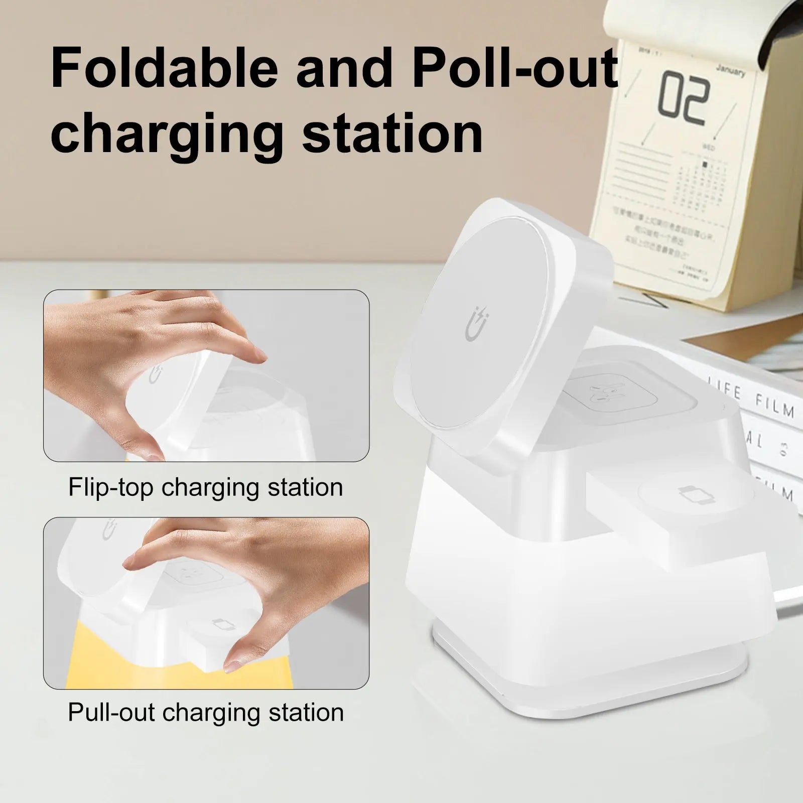 4-in-1 Rotatable Wireless Charger Stand with Colorful Lighting for iPhone 15/14/13/12 Pro Max, 8, 7 - Fast Charging Station for Phone, Apple Watch, and AirPods
