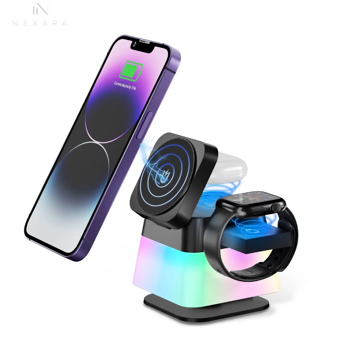 4-in-1 Rotatable Wireless Charger Stand with Colorful Lighting for iPhone 15/14/13/12 Pro Max, 8, 7 - Fast Charging Station for Phone, Apple Watch, and AirPods