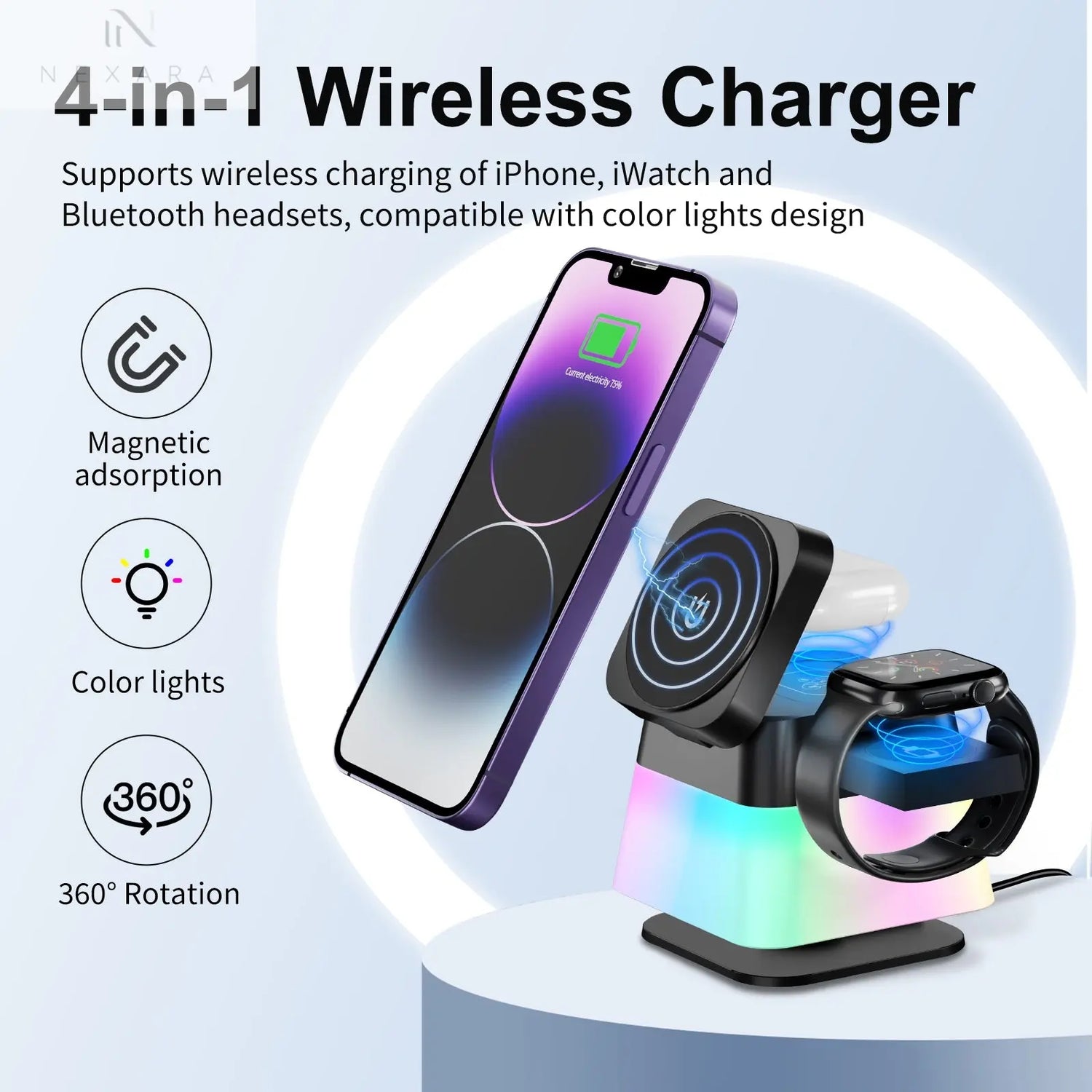 4-in-1 Rotatable Wireless Charger Stand with Colorful Lighting for iPhone 15/14/13/12 Pro Max, 8, 7 - Fast Charging Station for Phone, Apple Watch, and AirPods