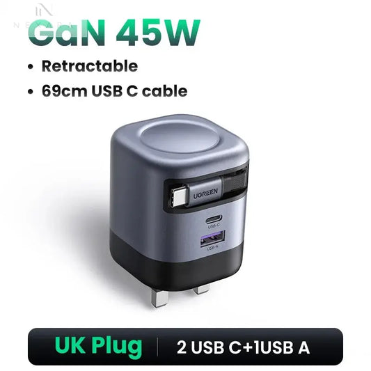 45W Gan Retractable Cable Charger - Ultra-Fast Charging for iPhone 17, 16 Pro, Samsung S25, iPad, and MacBook Air