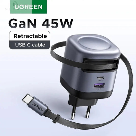 45W Gan Retractable Cable Charger - Ultra-Fast Charging for iPhone 17, 16 Pro, Samsung S25, iPad, and MacBook Air