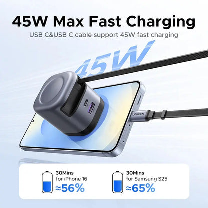 45W Gan Retractable Cable Charger - Ultra-Fast Charging for iPhone 17, 16 Pro, Samsung S25, iPad, and MacBook Air