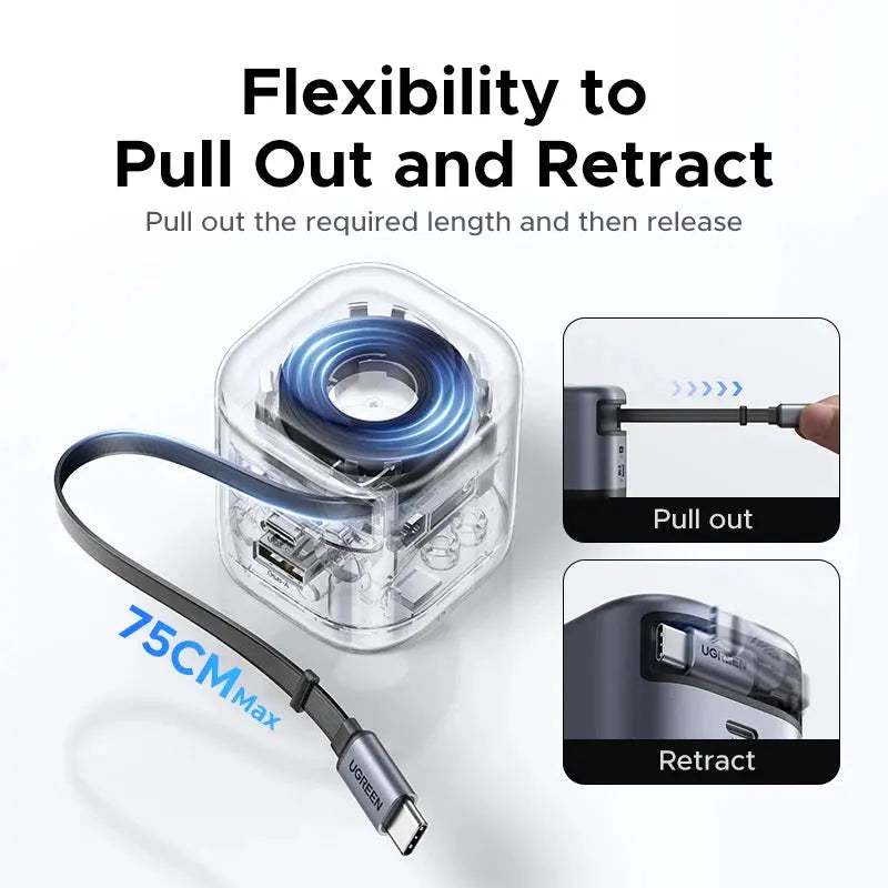 45W Gan Retractable Cable Charger - Ultra-Fast Charging for iPhone 17, 16 Pro, Samsung S25, iPad, and MacBook Air