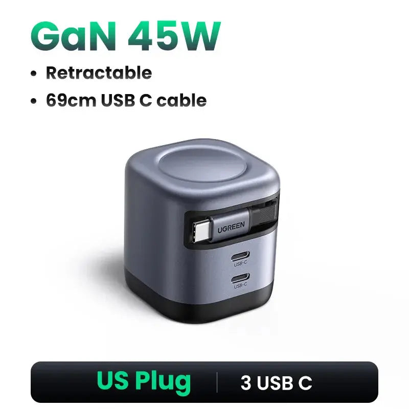 45W Gan Retractable Cable Charger - Ultra-Fast Charging for iPhone 17, 16 Pro, Samsung S25, iPad, and MacBook Air