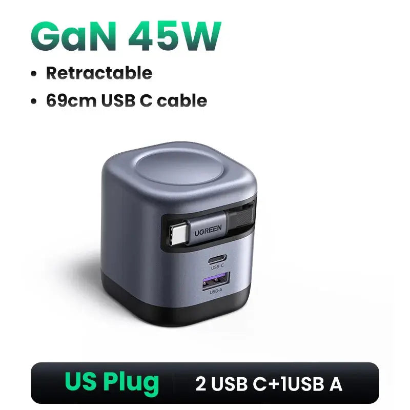 45W Gan Retractable Cable Charger - Ultra-Fast Charging for iPhone 17, 16 Pro, Samsung S25, iPad, and MacBook Air
