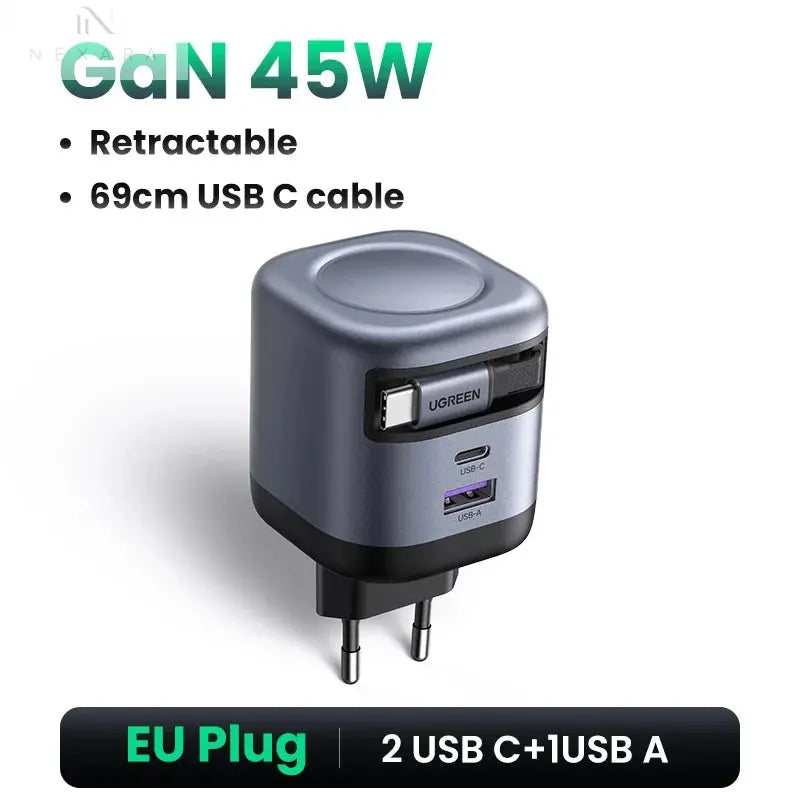 45W Gan Retractable Cable Charger - Ultra-Fast Charging for iPhone 17, 16 Pro, Samsung S25, iPad, and MacBook Air