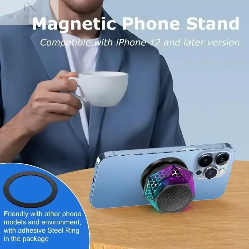 Compact Wireless Bluetooth Speaker with RGB Lighting and Built-In Phone Stand for Enhanced Audio Experience