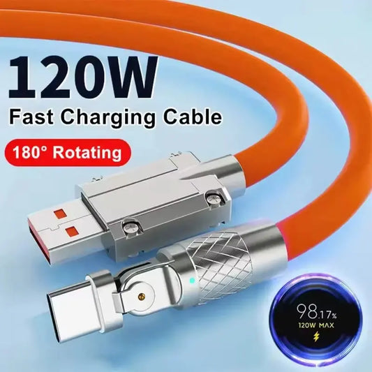 High-Performance 120W 7A USB Type-C Fast Charging Cable with 180-Degree Rotating Bend - Perfectly Compatible with Xiaomi Devices