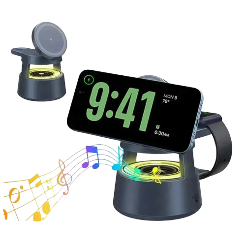 Magnetic 5-in-1 Wireless Charging Stand with LED Night Light and Bluetooth Speaker for MagSafe iPhone 12-16, Apple Watch Series 2-9, and AirPods 2-4