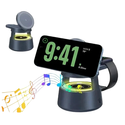 Magnetic 5-in-1 Wireless Charging Stand with LED Night Light and Bluetooth Speaker for MagSafe iPhone 12-16, Apple Watch Series 2-9, and AirPods 2-4