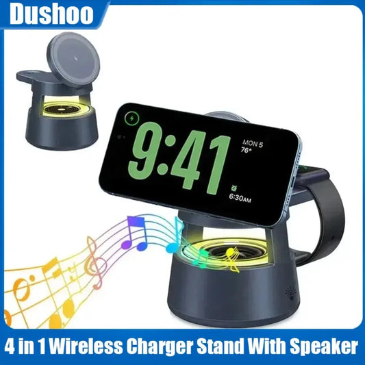 Magnetic 5-in-1 Wireless Charging Stand with LED Night Light and Bluetooth Speaker for MagSafe iPhone 12-16, Apple Watch Series 2-9, and AirPods 2-4