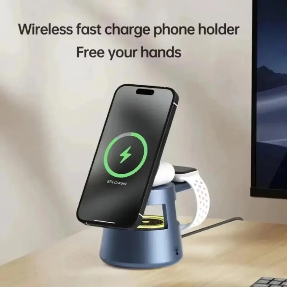 Magnetic 5-in-1 Wireless Charging Stand with LED Night Light and Bluetooth Speaker for MagSafe iPhone 12-16, Apple Watch Series 2-9, and AirPods 2-4