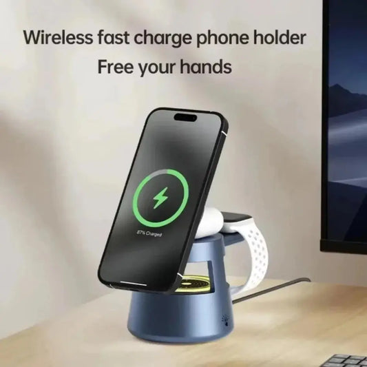 Magnetic 5-in-1 Wireless Charging Stand with LED Night Light and Bluetooth Speaker for MagSafe iPhone 12-16, Apple Watch Series 2-9, and AirPods 2-4