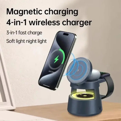 Magnetic 5-in-1 Wireless Charging Stand with LED Night Light and Bluetooth Speaker for MagSafe iPhone 12-16, Apple Watch Series 2-9, and AirPods 2-4