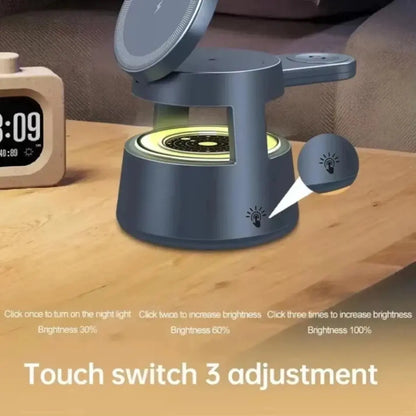 Magnetic 5-in-1 Wireless Charging Stand with LED Night Light and Bluetooth Speaker for MagSafe iPhone 12-16, Apple Watch Series 2-9, and AirPods 2-4